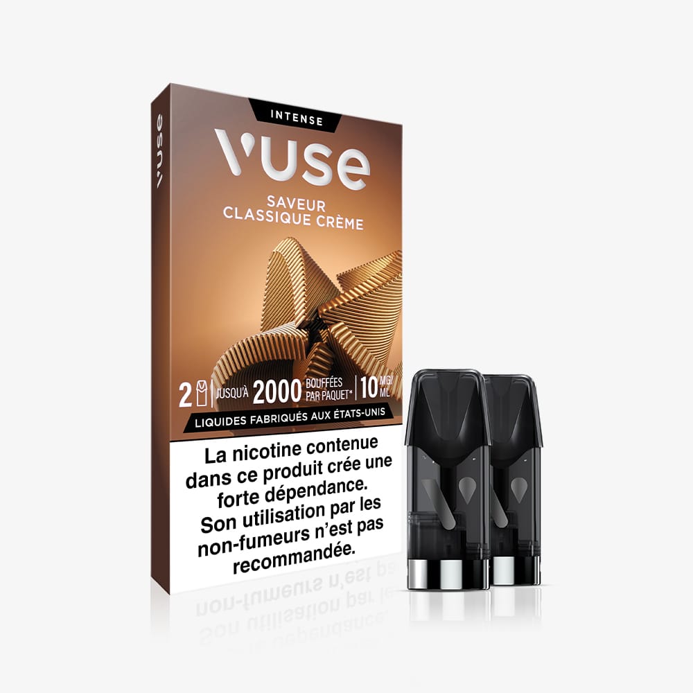 Vuse | On voit un paquet de VUSE Recharge Gamme Intense Saveur Classique Crème, avec deux capsules posées devant la boîte, sur laquelle figure, en bas, un avertissement français concernant la nicotine. | Cigarettes Electroniques et Recharges