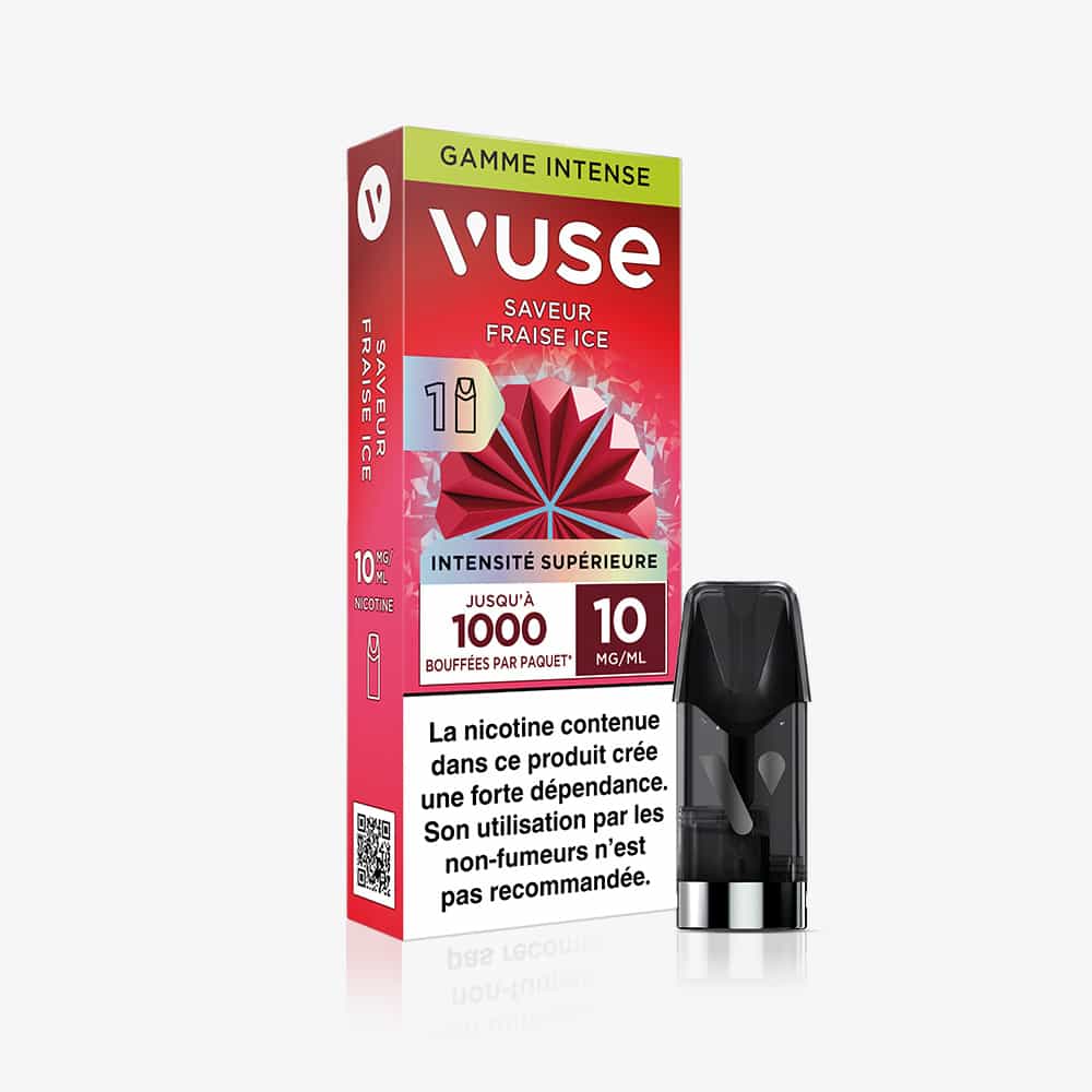 Vuse | Une boîte de VUSE 1 Pod Saveur Fraise Ice, rouge et blanche, portant les mentions « 10 mg/ml » et « 1 000 bouffées », est posée à côté d’une cartouche de vapotage noire. L’emballage comporte un avertissement français sur la dépendance à la nicotine et met en avant sa capsule à la saveur Fraise Ice. | Cigarettes Electroniques et Recharges