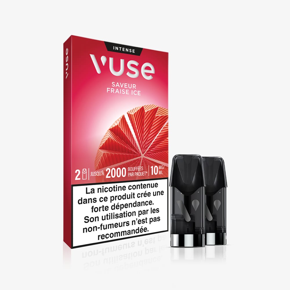 Vuse | Un pack de VUSE Recharge Gamme Intense Saveur Fraise Ice comporte deux capsules noires à l'avant, un motif représentant une fraise et un avertissement sanitaire en français concernant la dépendance à la nicotine. | Cigarettes Electroniques et Recharges