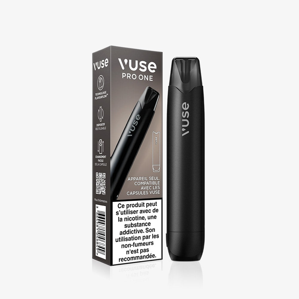 Vuse | Un kit VUSE Pro One Bar Kit Simple noir est présenté à côté de son emballage de marque, sur lequel figurent les caractéristiques du produit ainsi qu'un avertissement sur la nicotine en français — un kit de cigarette électronique idéal pour vapoter au quotidien. | Cigarettes Electroniques et Recharges