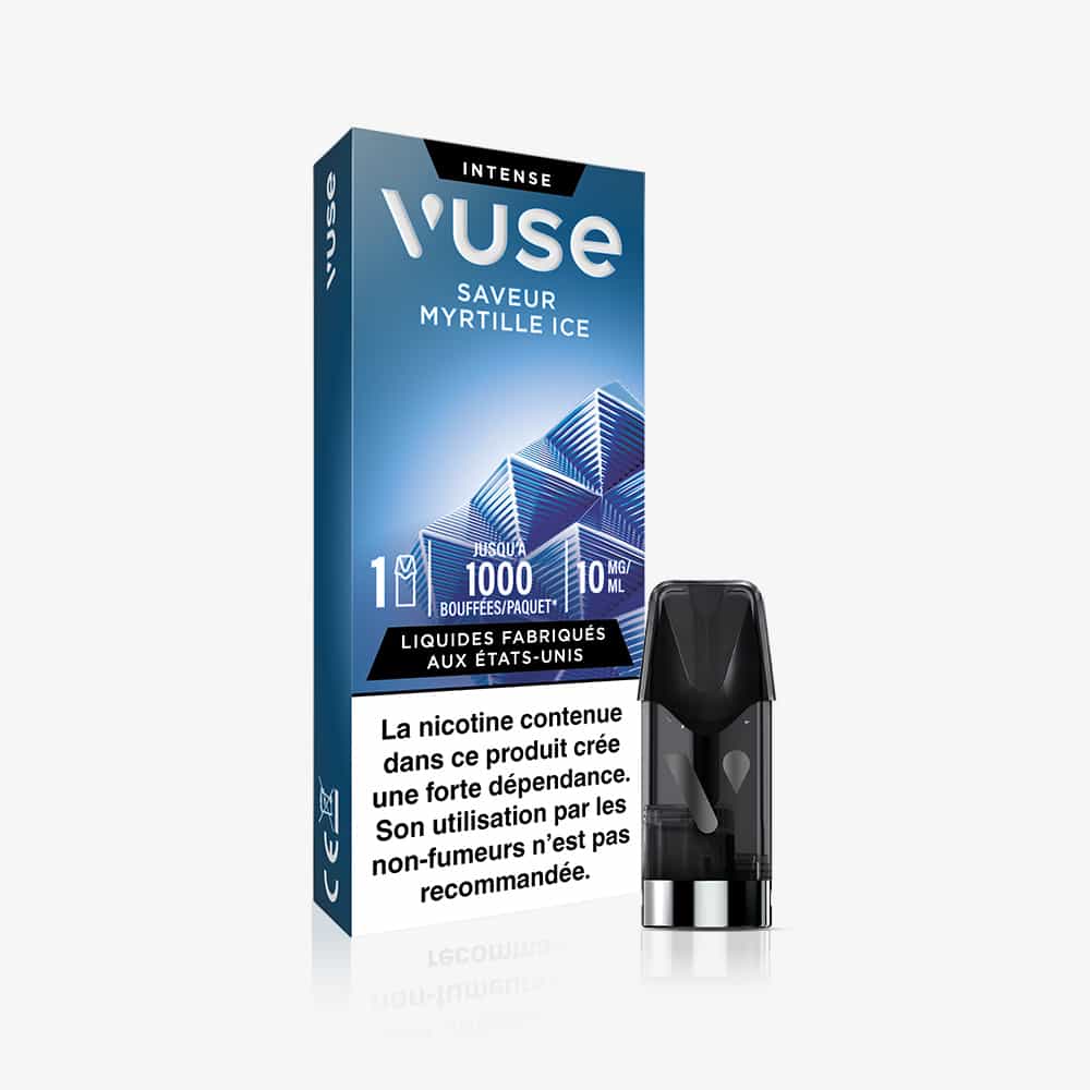 Vuse | Une cartouche VUSE 1 « Saveur Myrtille Ice » contient une capsule aromatisée, 1 000 bouffées, 10 mg/mL de nicotine et un avertissement français sur les risques liés à la nicotine. Son emballage bleu est orné de motifs géométriques « ice » qui lui confèrent un aspect rafraîchissant. | Cigarettes Electroniques et Recharges