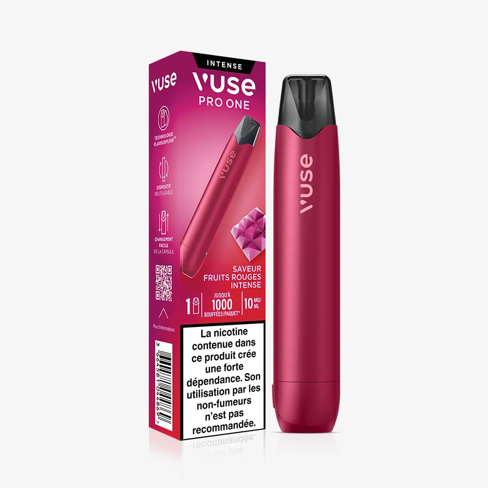 Vuse | Une cigarette électronique VUSE Pro ONE Bar Fruits Rouges Intense est posée à côté de son coffret rouge, sur lequel figurent les mentions « 1 000 bouffées », « 10 mg/ml de nicotine » et des avertissements sanitaires en français. | Cigarettes Electroniques et Recharges