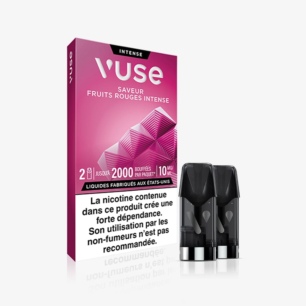 Vuse | VUSE Recharge Gamme Intense Saveur Fruits Rouges : un emballage rouge intense, comportant deux capsules noires et un avertissement français sur la nicotine au bas de la boîte blanche. | Cigarettes Electroniques et Recharges