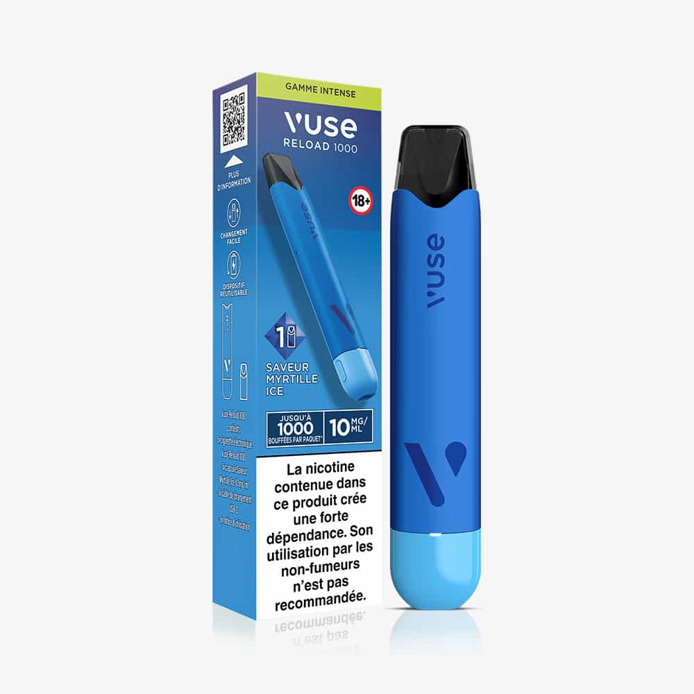 Vuse | La cigarette électronique jetable VUSE Reload 1000 Bar Saveur Myrtille Ice est présentée à côté de son emballage, tous deux étiquetés en français et comportant des informations sur le produit ainsi que des avertissements concernant la nicotine. Cet appareil rechargeable offre la saveur « Blueberry Ice » avec style et praticité. | Cigarettes Electroniques et Recharges
