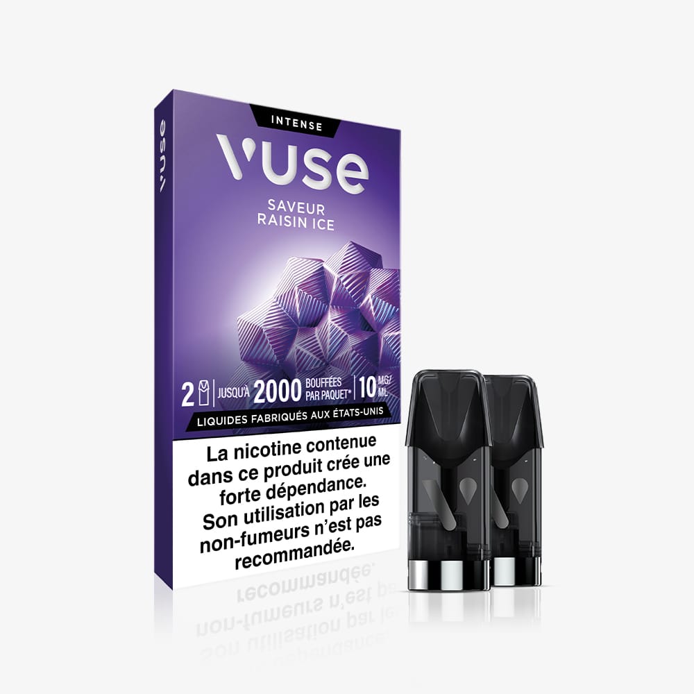 Vuse | Recharge de la gamme « Intense Saveur Raisin Ice » de VUSE, livrée avec deux pods. Une mise en garde en français signale le risque de dépendance à la nicotine et déconseille son utilisation aux non-fumeurs. | Cigarettes Electroniques et Recharges