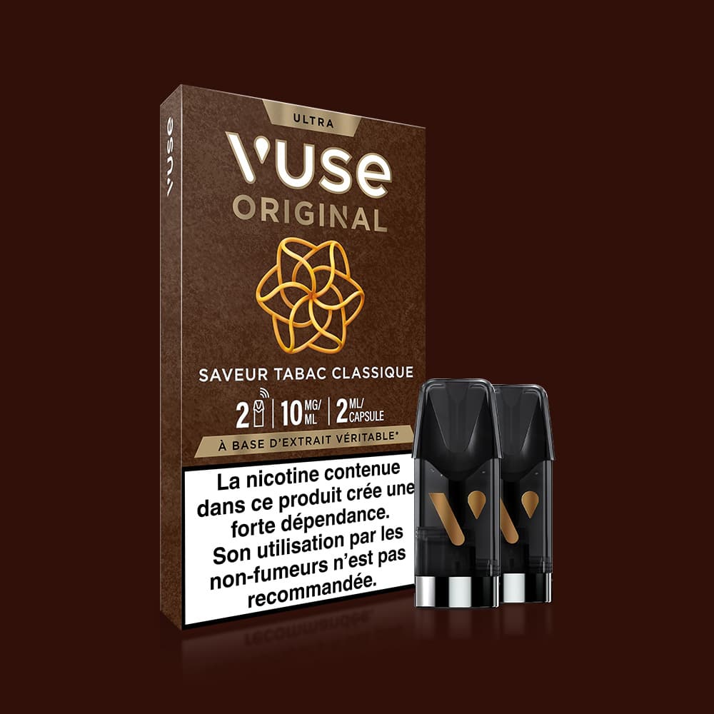 Vuse | Emballage des pods VUSE Original « Saveur Tabac Classique » de couleur marron, présentant deux capsules reliées entre elles. L'étiquette indique la saveur « Saveur Tabac Classique » ainsi qu'un avertissement français sur la nicotine, le tout sur un fond marron foncé. | Cigarettes Electroniques et Recharges