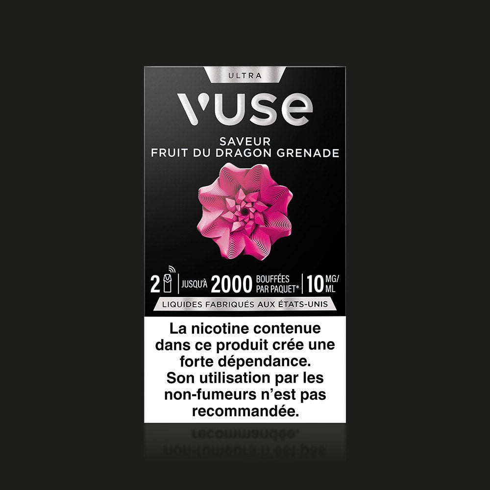 Vuse | Une boîte noire de VUSE Ultra Saveur Fruit du Dragon Grenade présente un fruit du dragon rose, 2 000 bouffées, une concentration en nicotine de 10 mg/ml et un avertissement sanitaire français concernant la dépendance à la nicotine. | Cigarettes Electroniques et Recharges