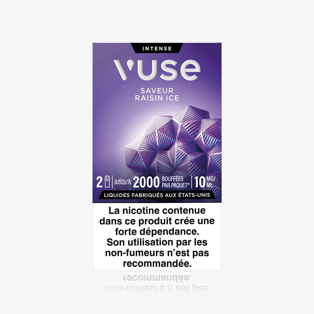 Vuse | Recharge Gamme Intense Saveur Raisin Ice de VUSE : motifs de glaçons, jusqu’à 2 000 bouffées par paquet, 10 mg/mL de nicotine. Avertissement : la nicotine entraîne une dépendance, déconseillé aux non-fumeurs. | Cigarettes Electroniques et Recharges