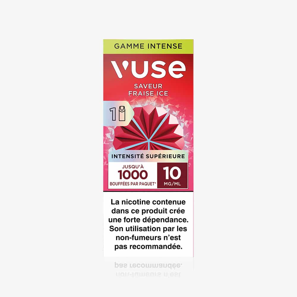 Vuse | 1 pod Saveur Fraise Ice VUSE, intensité supérieure, jusqu’à 1 000 bouffées, 10 mg/mL de nicotine. Avertissement en français concernant la nicotine en bas, sur fond blanc. | Cigarettes Electroniques et Recharges