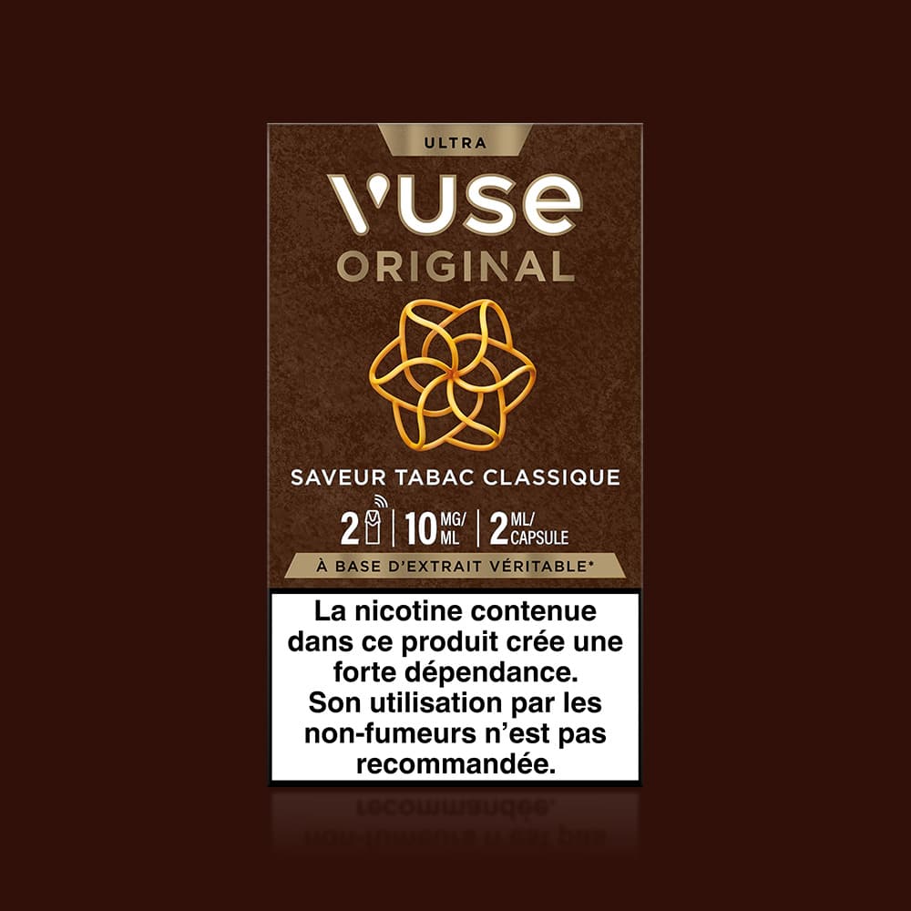 Vuse | L'emballage original de la cigarette électronique « Saveur Tabac Classique » de VUSE, orné d'un motif doré et marron, met en avant la saveur « Tabac Classique » et fournit des informations sur ses capsules connectées. Un avertissement français sur les risques liés à la dépendance à la nicotine figure également bien en évidence au bas de l'emballage. | Cigarettes Electroniques et Recharges