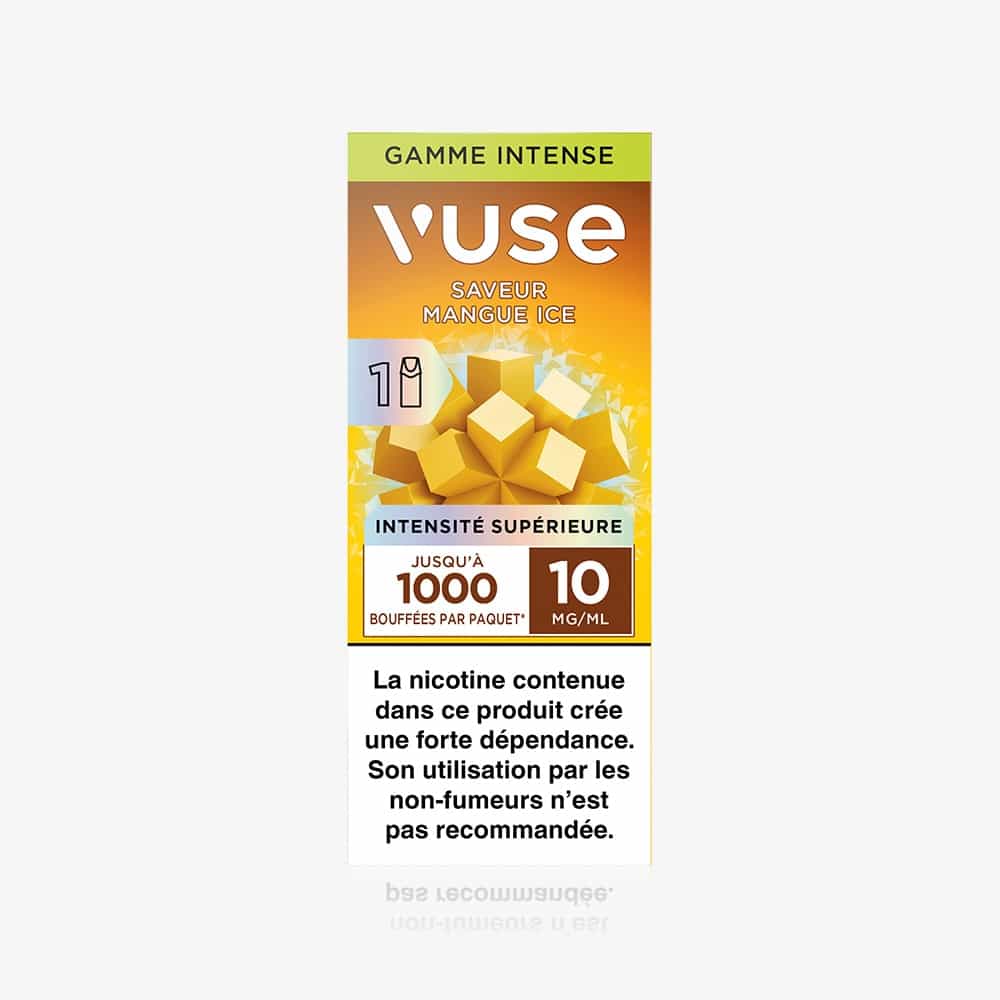 Vuse | 1 Pod Saveur Mangue Ice de VUSE, avec des cubes de mangue jaune, 1 000 bouffées par paquet, 10 mg/ml de nicotine, et un avertissement français sur les risques liés à la dépendance à la nicotine au bas de l'emballage. | Cigarettes Electroniques et Recharges