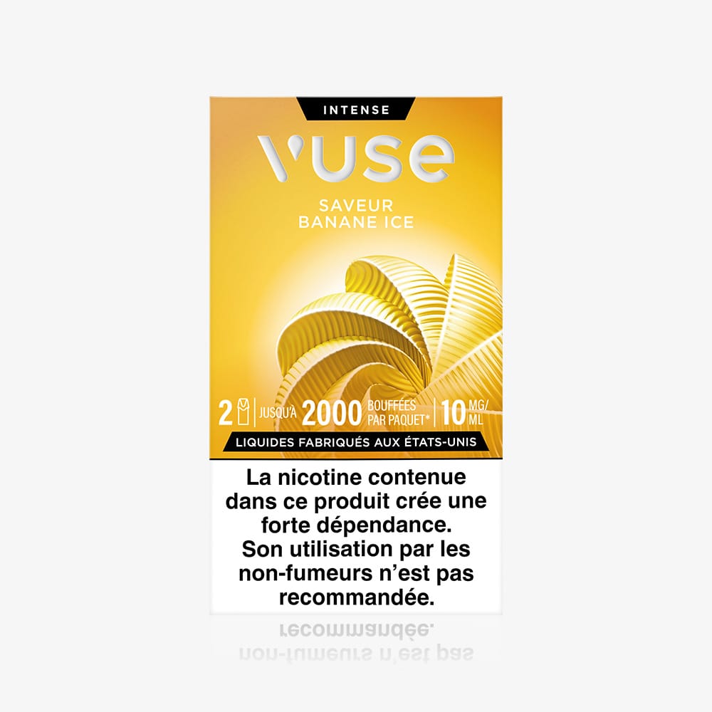 Vuse | Un paquet VUSE jaune portant la mention « Recharge Gamme Intense Saveur Banane Ice », orné de lignes dorées ondulées et d'un avertissement français sur la nicotine, précise que ses capsules créent une forte dépendance et ne sont pas recommandées aux non-fumeurs. | Cigarettes Electroniques et Recharges