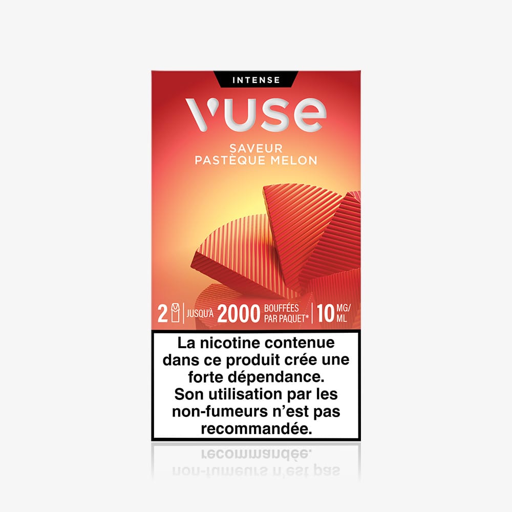 Vuse | Un pack de recharges VUSE « Standards Saveur Pastèque Melon », orné de motifs géométriques rouges, comportant une mise en garde relative à la nicotine (10 mg/ml) en français et indiquant une autonomie pouvant atteindre 2 000 bouffées. | Cigarettes Electroniques et Recharges