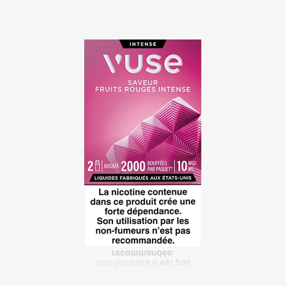 Vuse | Un paquet de VUSE Recharge Gamme Intense Saveur Fruits Rouges Intense, principalement rose et orné de motifs géométriques. Une mise en garde en français alerte les non-fumeurs sur le risque de dépendance à la nicotine. | Cigarettes Electroniques et Recharges