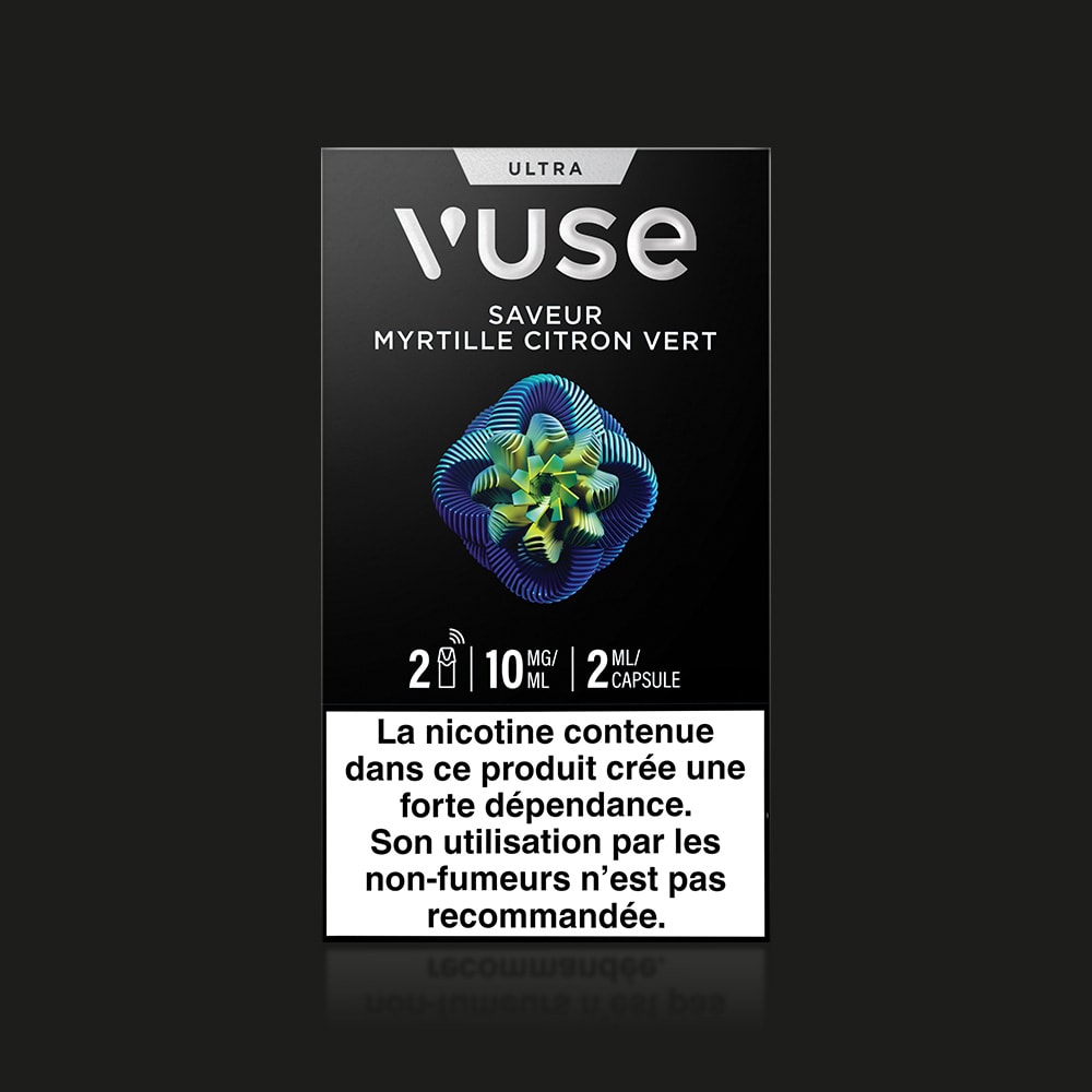 Vuse | Un paquet de VUSE Ultra Saveur Myrtille Citron Vert contient 2 capsules (10 mg/ml de nicotine) accompagnées d'un avertissement français destiné aux non-fumeurs. | Cigarettes Electroniques et Recharges
