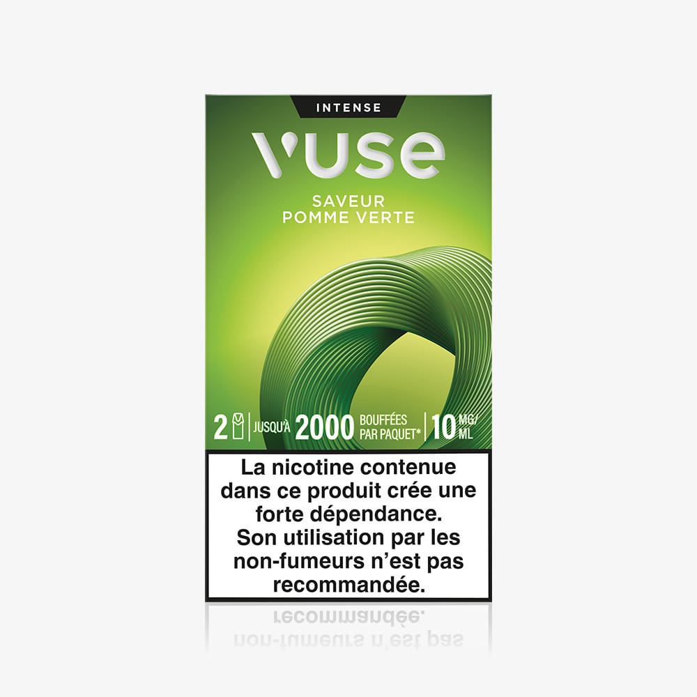 Vuse | La gamme Recharge Intense Saveur Pomme Verte de VUSE comprend 2 capsules (Pomme Verte, 10 mg/ml de nicotine) permettant jusqu'à 2 000 bouffées, présentées dans un emballage vert sur lequel figure, en bas, un avertissement français sur les risques liés à la dépendance à la nicotine. | Cigarettes Electroniques et Recharges