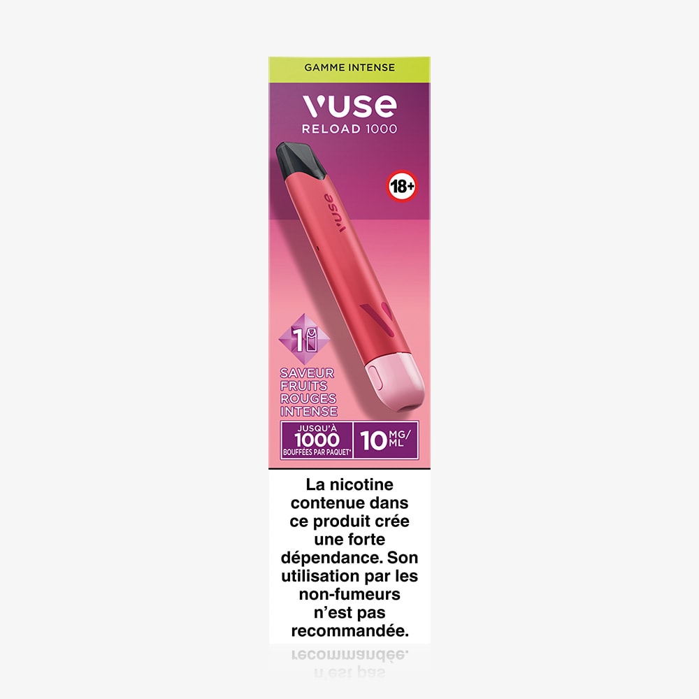 Vuse | Coffret de vapotage VUSE Reload 1000 Bar Saveur Fruits Rouges Intense, 10 mg/mL de nicotine, rechargeable, avec avertissement en français concernant le risque élevé de dépendance ; déconseillé aux non-fumeurs. | Cigarettes Electroniques et Recharges