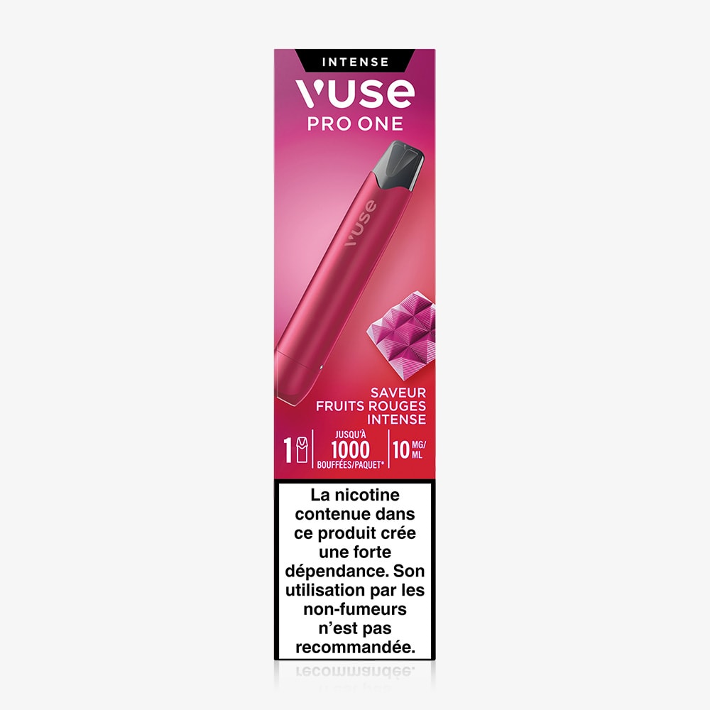 Vuse | Une cigarette électronique VUSE Pro ONE Bar Fruits Rouges Intense de couleur rouge, présentée dans un emballage géométrique rose, avec l'avertissement français sur la nicotine, offrant 1 000 bouffées et contenant 10 mg/ml de nicotine. | Cigarettes Electroniques et Recharges
