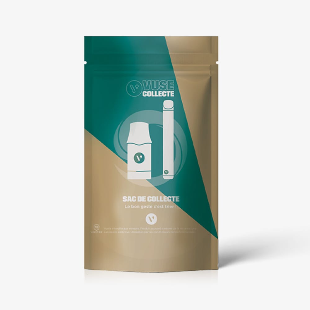 Vuse | Un sachet refermable marron et bleu sarcelle portant l'étiquette « Sac de collecte Vuse » de la marque VUSE, orné d'illustrations représentant des cigarettes électroniques et des cartouches, destiné au recyclage des produits de vapotage usagés via des bacs de collecte. | Cigarettes Electroniques et Recharges