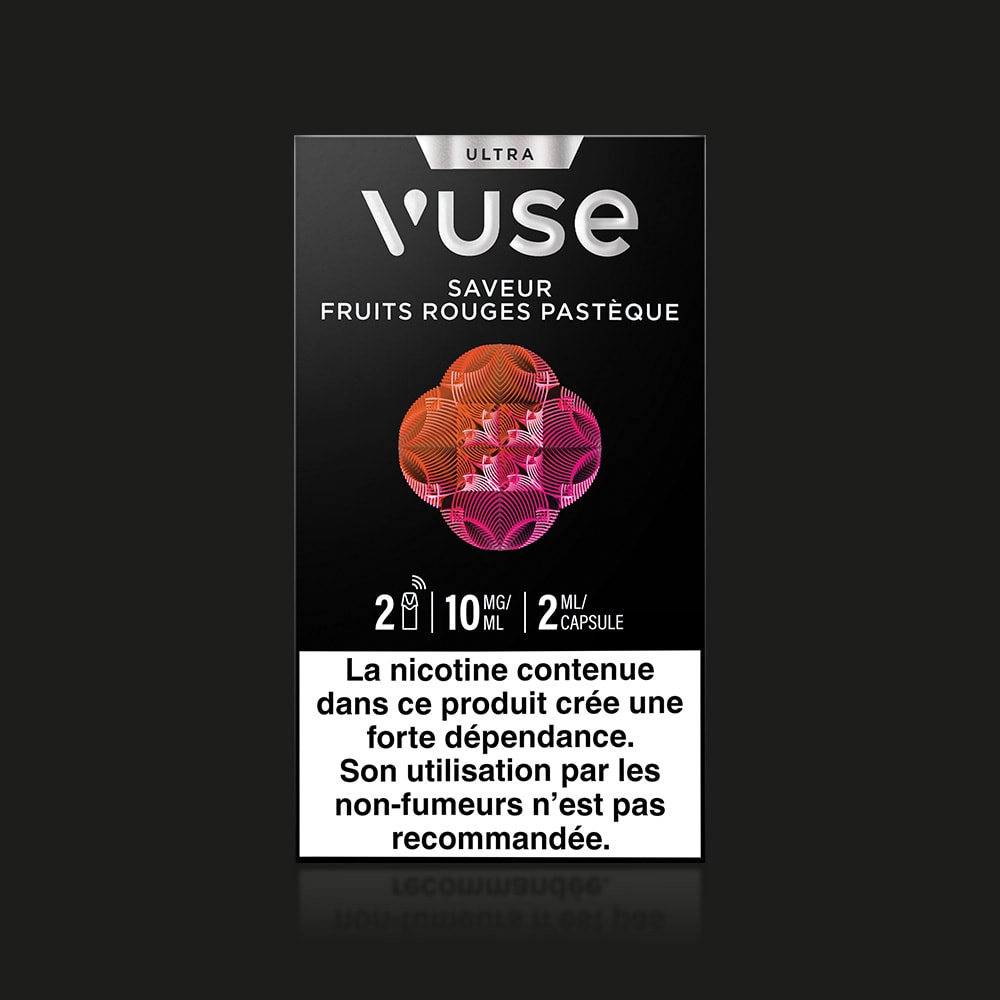Vuse | Boîte de capsules pour cigarette électronique VUSE Ultra Saveur Fruits Rouges Pastèque, comprenant des informations sur le dosage et un avertissement en français concernant la nicotine : ce produit crée une forte dépendance et n'est pas destiné aux non-fumeurs. | Cigarettes Electroniques et Recharges