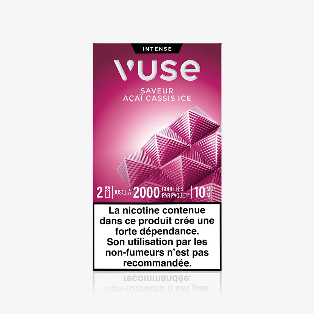 Vuse | Un paquet rectangulaire VUSE rose et violet portant la mention « Recharges Standards Saveur Açai Cassis Ice » contient 2 000 bouffées, 2 dosettes, 10 mg/ml de nicotine et un avertissement français sur la nicotine au bas de l'emballage. | Cigarettes Electroniques et Recharges