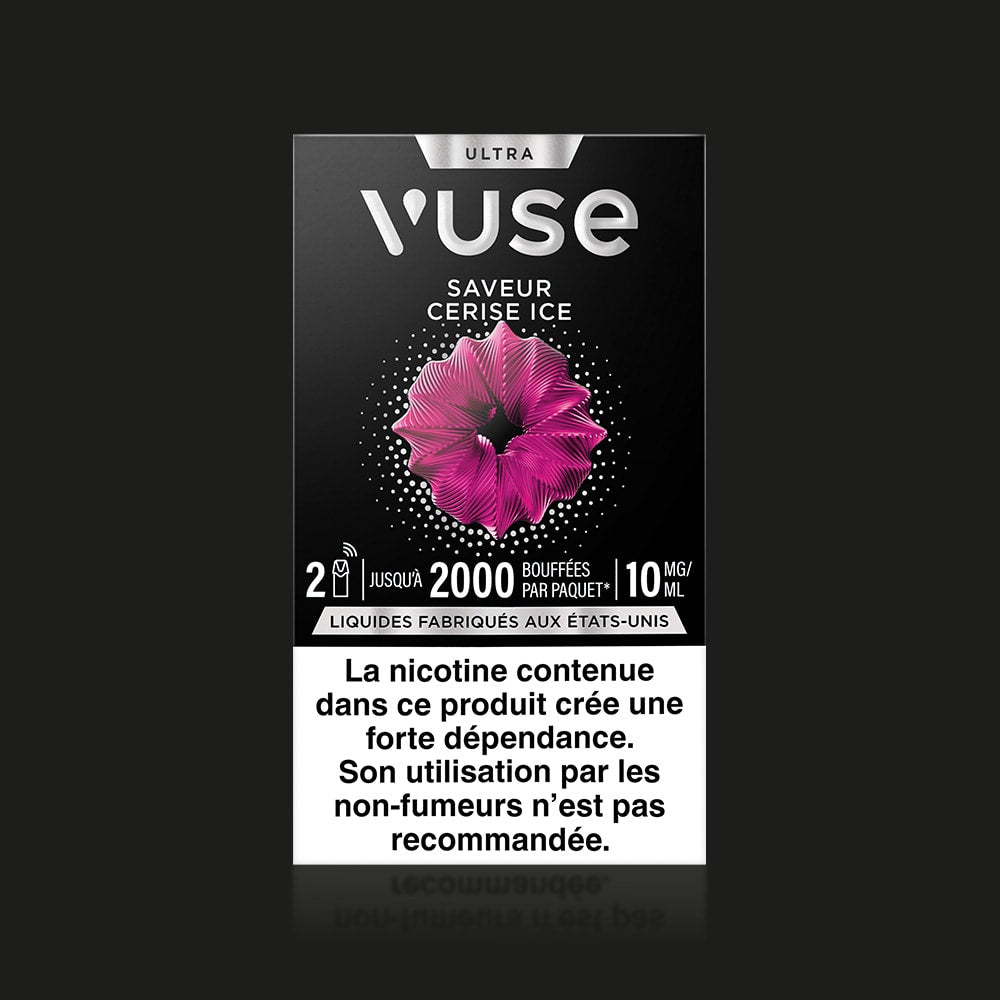 Vuse | La cigarette électronique VUSE Ultra Saveur Cerise Ice est présentée dans un coffret noir orné d'un motif abstrait rose, sur lequel figurent les informations relatives au produit (2 000 bouffées, 10 ml, 20 mg/ml) ainsi qu'un avertissement en français sur les risques de dépendance à la nicotine. Compatible avec une capsule connectée. | Cigarettes Electroniques et Recharges
