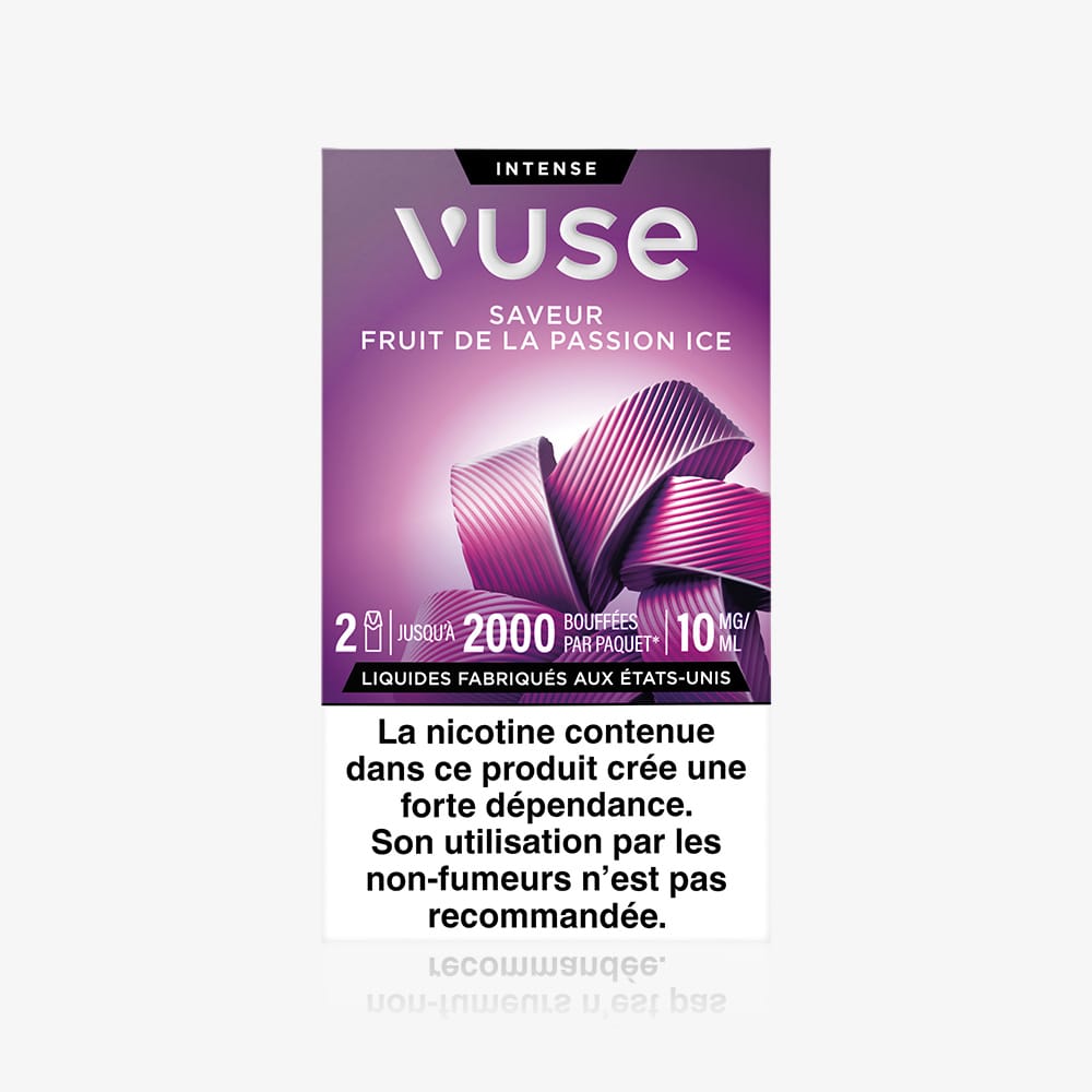 Vuse | Un paquet de VUSE Recharge Gamme Intense Saveur Fruit de la passion Ice, de couleur violette, contient 2 capsules, offre jusqu'à 2 000 bouffées par paquet et contient 10 mg/ml de nicotine. Une mise en garde française contre la dépendance à la nicotine figure au bas de l'emballage. | Cigarettes Electroniques et Recharges