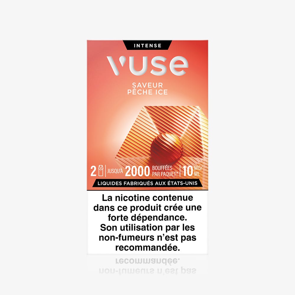 Vuse | Recharges VUSE « Saveur Pêche Ice » avec des illustrations représentant la pêche et la glace. Texte en français : La nicotine contenue dans ce produit entraîne une forte dépendance. Son utilisation est déconseillée aux non-fumeurs. Découvrez la saveur Pêche Ice. | Cigarettes Electroniques et Recharges