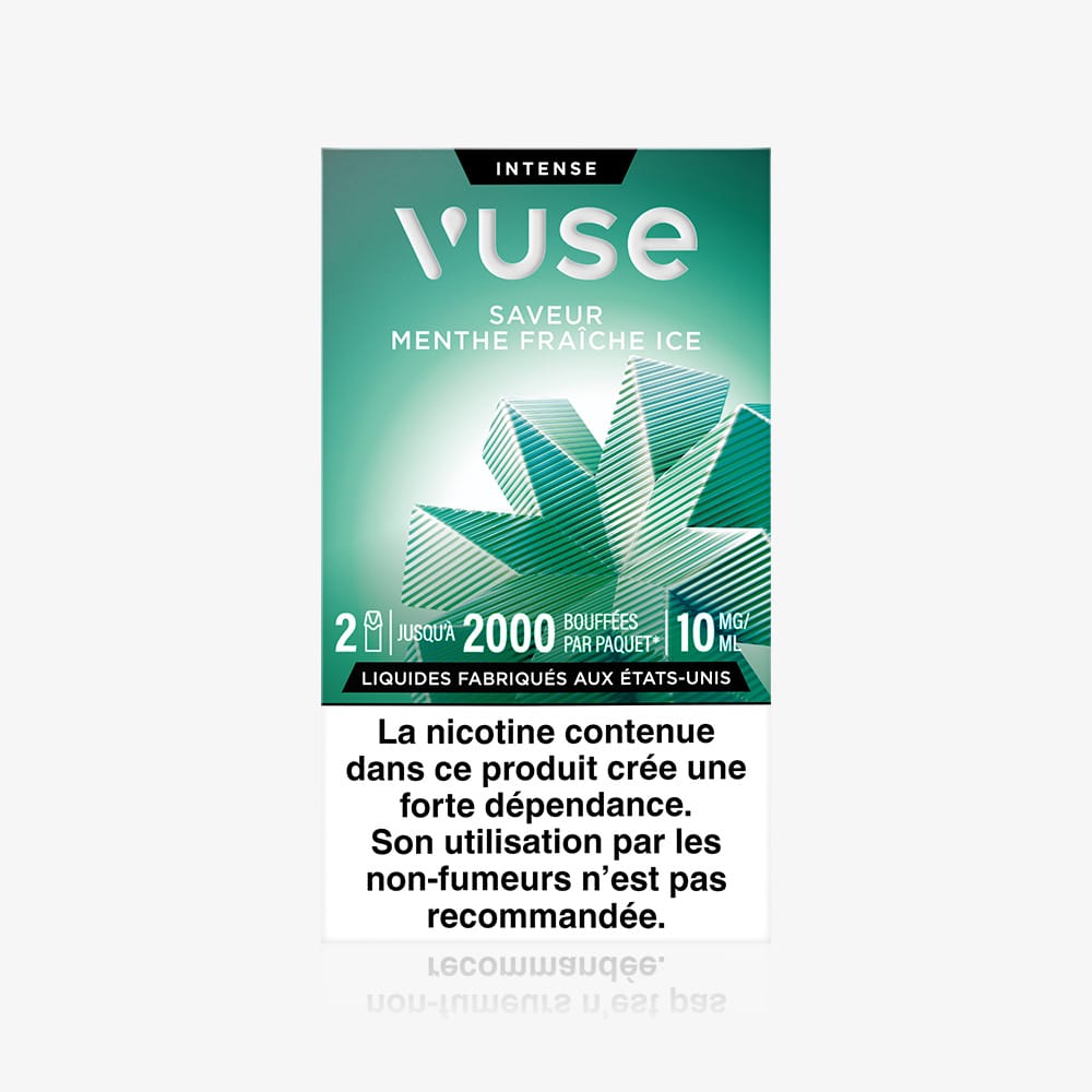 Vuse | Recharges VUSE « Standards Saveur Menthe Fraîche Ice » dans un emballage vert menthe orné d'un motif de cristaux de glace. Avertissement français : la nicotine crée une dépendance et n'est pas recommandée aux non-fumeurs. Contient des capsules. | Cigarettes Electroniques et Recharges