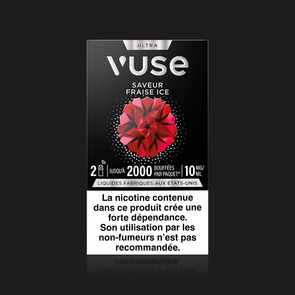 Vuse | L'emballage du VUSE Vuse Ultra Saveur Fraise Ice présente une fraise rouge à facettes sur fond noir, la mention « capsules connectées » et un texte en français mettant en garde contre la dépendance à la nicotine. | Cigarettes Electroniques et Recharges