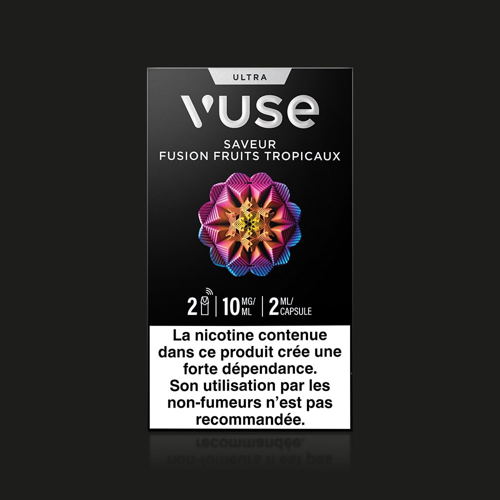Vuse | Une boîte de capsules de vapotage VUSE Ultra Saveur Fusion Fruits Tropicaux, ornée d'un motif coloré représentant des fruits, contenant 10 mg/ml de nicotine et comportant un avertissement sanitaire français sur la dépendance à la nicotine — compatible avec les capsules connectées. | Cigarettes Electroniques et Recharges