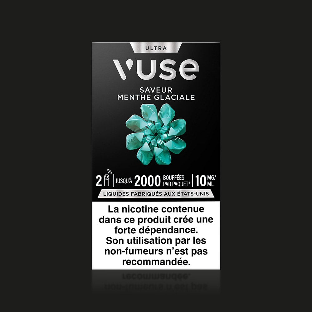 Vuse | La boîte de la cigarette électronique VUSE Ultra Saveur Menthe Glaciale présente des feuilles de menthe, indique 2 000 bouffées, 10 mg/ml, ainsi qu'un avertissement français sur la nicotine. Le design met en avant sa fonctionnalité « capsules connectées ». | Cigarettes Electroniques et Recharges