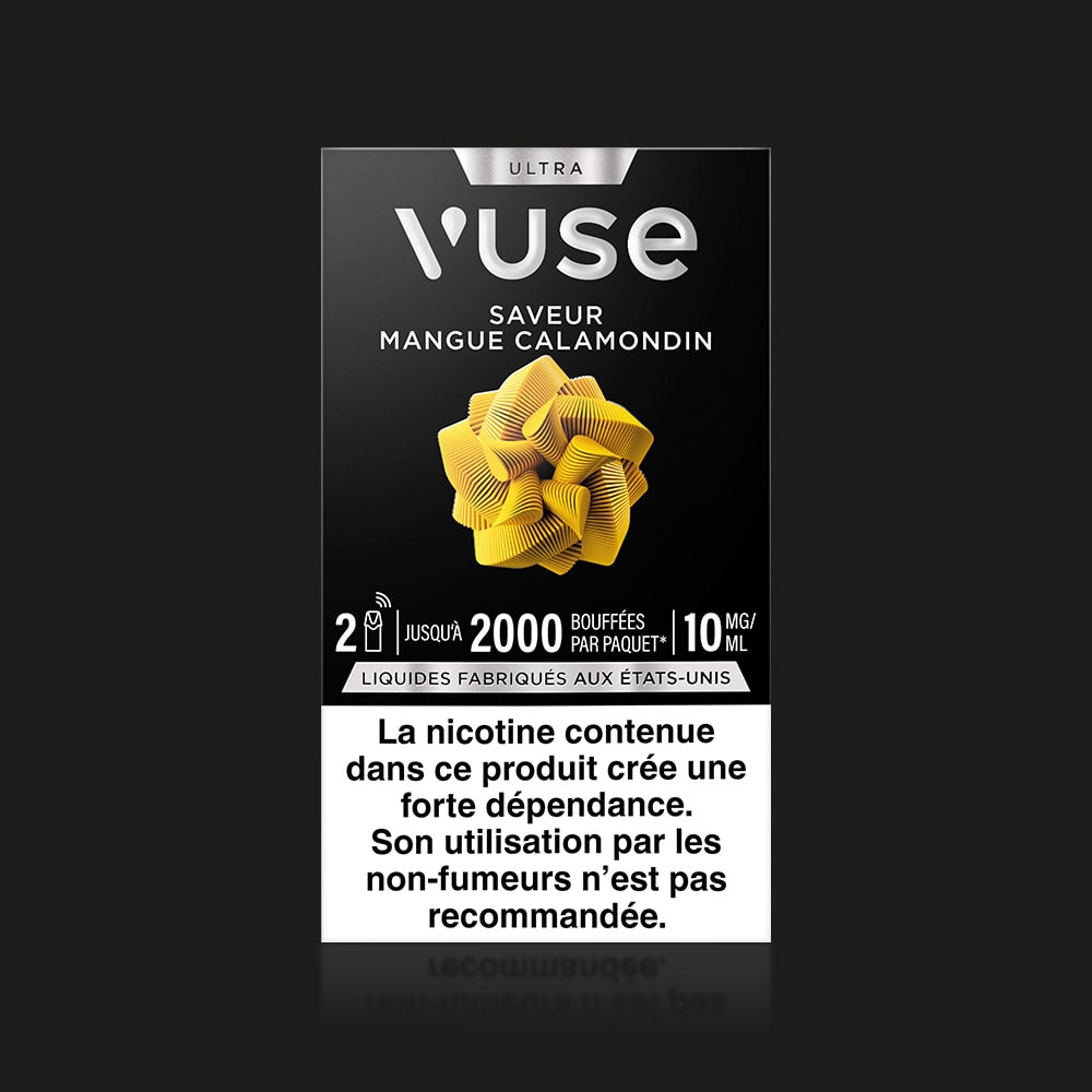 Vuse | E-liquide VUSE Ultra Saveur Mangue Calamondin : emballage noir orné d'un motif géométrique jaune, 10 mg/ml de nicotine, jusqu'à 2 000 bouffées (10 ml). Avertissement : produit hautement addictif ; déconseillé aux non-fumeurs. | Cigarettes Electroniques et Recharges