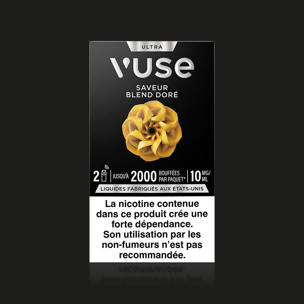 Vuse | Un paquet noir de cigarettes électroniques VUSE Ultra Saveur Blend Doré, orné d'un motif abstrait doré. Le texte indique « jusqu'à 2 000 bouffées » et « 10 mg/ml de nicotine ». Avertissement français sur la nicotine en bas du paquet. | Cigarettes Electroniques et Recharges