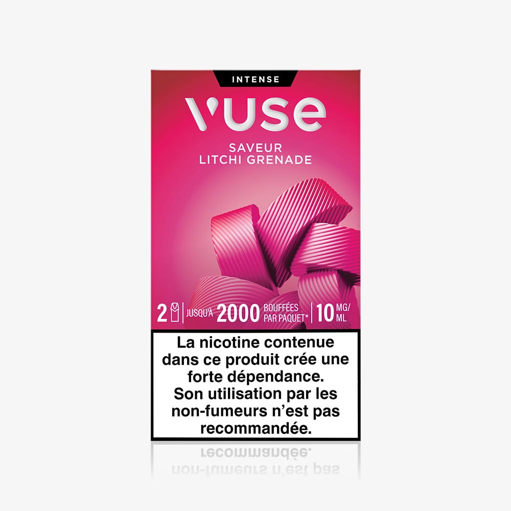 Vuse | Un paquet rose de VUSE portant la mention « Recharges Standards Saveur Litchi Grenade » présente des capsules « Saveur Litchi Grenade » ainsi qu'un avertissement en français : « nicotine 10 mg/ml ; produit hautement addictif, déconseillé aux non-fumeurs ». | Cigarettes Electroniques et Recharges