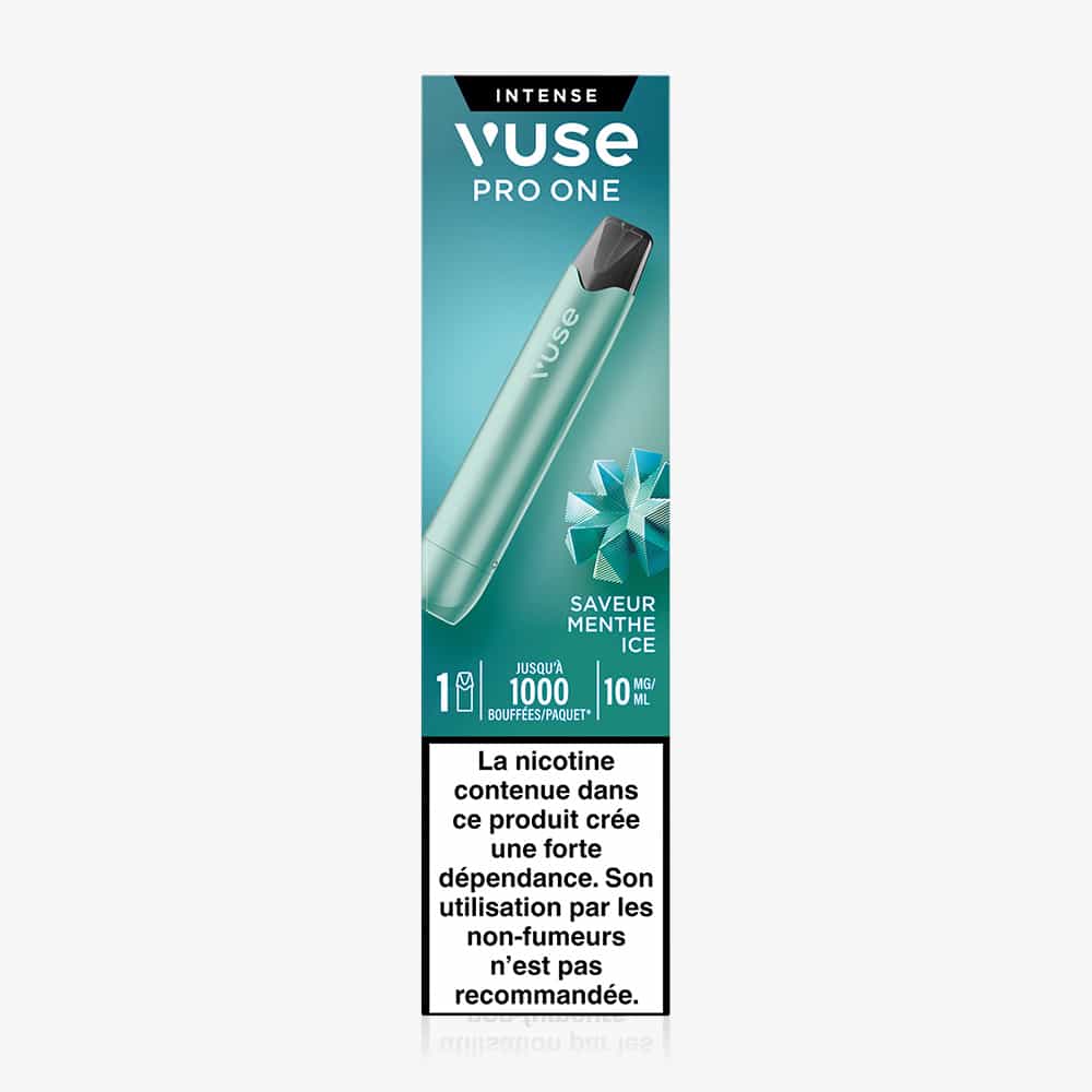 Vuse | La VUSE Pro ONE Bar Menthe Ice est une cigarette électronique jetable de couleur turquoise, à la saveur mentholée. L'emballage français « Prêt-à-vaper » comporte l'avertissement suivant : « La nicotine contenue dans ce produit entraîne une forte dépendance. Déconseillé aux non-fumeurs. ». | Cigarettes Electroniques et Recharges