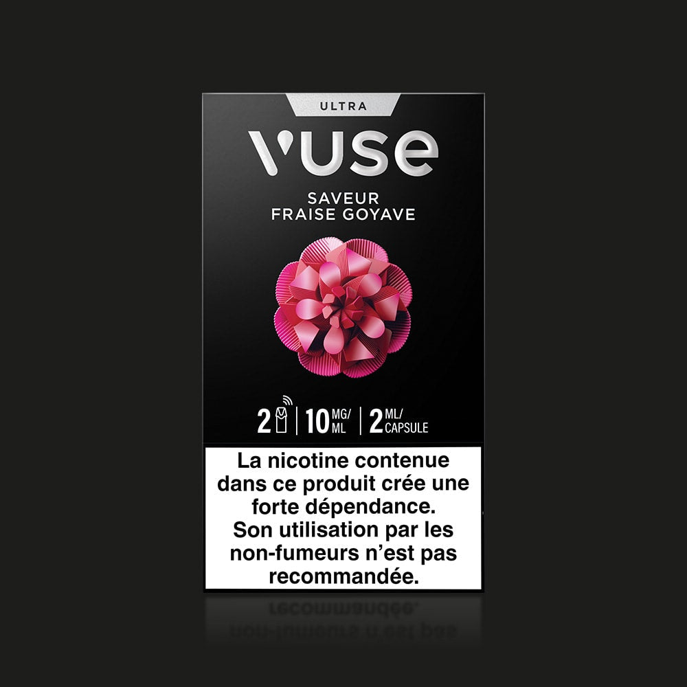 Vuse | Paquet de VUSE Ultra Saveur Fraise Goyave, orné d'un motif abstrait rose et portant l'avertissement français sur la nicotine sur fond noir. | Cigarettes Electroniques et Recharges