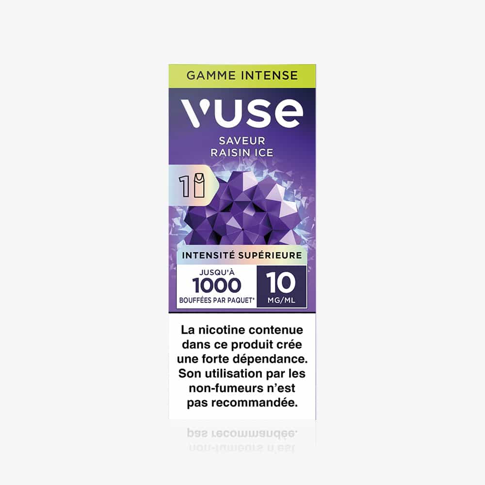 Vuse | La cartouche VUSE 1 « Saveur Raisin Ice » présente un motif géométrique violet, offre jusqu'à 1 000 bouffées avec une concentration en nicotine de 10 mg/ml et comporte, en bas, un avertissement français sur les risques liés à la dépendance à la nicotine. | Cigarettes Electroniques et Recharges