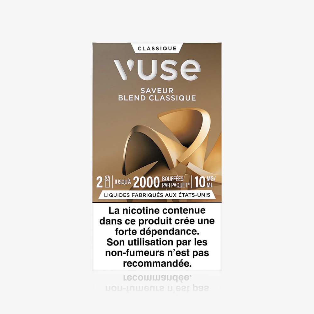 Vuse | Un paquet de VUSE Recharges Standards Saveur Blend Classique, au design doré et marron, contient 2 capsules de café, pour un total pouvant atteindre 2 000 bouffées par paquet (10 ml, 10 mg/ml). Une mise en garde sanitaire française concernant la dépendance à la nicotine figure au bas de l'emballage. | Cigarettes Electroniques et Recharges