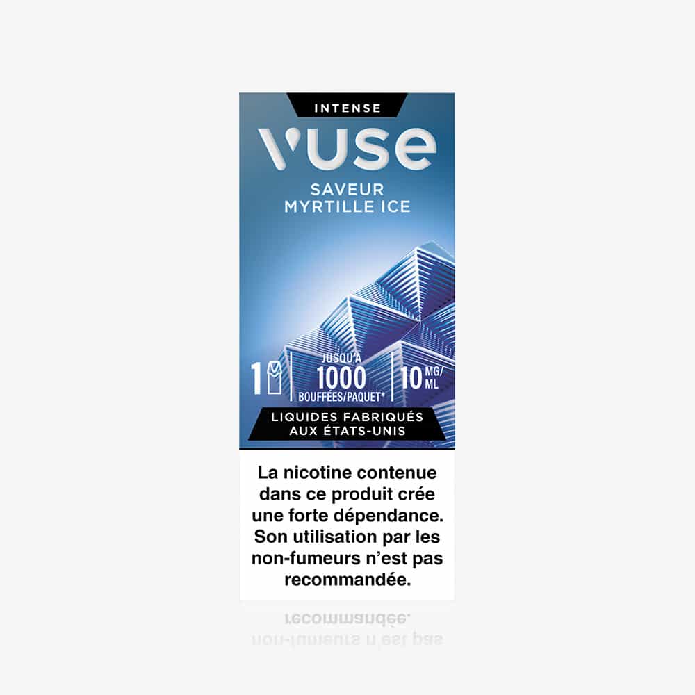 Vuse | La capsule VUSE 1 « Saveur Myrtille Ice » offre un goût de myrtille glacée, contient 10 mg/ml de nicotine, permet de prendre jusqu'à 1 000 bouffées et comporte, au bas du paquet, un avertissement en français concernant la dépendance à la nicotine. | Cigarettes Electroniques et Recharges