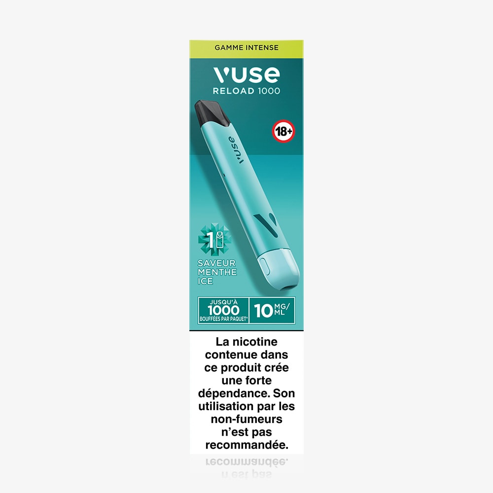 Vuse | Une cigarette électronique VUSE Reload 1000 Bar Saveur Menthe Ice de couleur bleu sarcelle, contenant 10 mg/mL de nicotine et portant le symbole « 18+ ». Avertissement en français : forte dépendance, déconseillée aux non-fumeurs. | Cigarettes Electroniques et Recharges