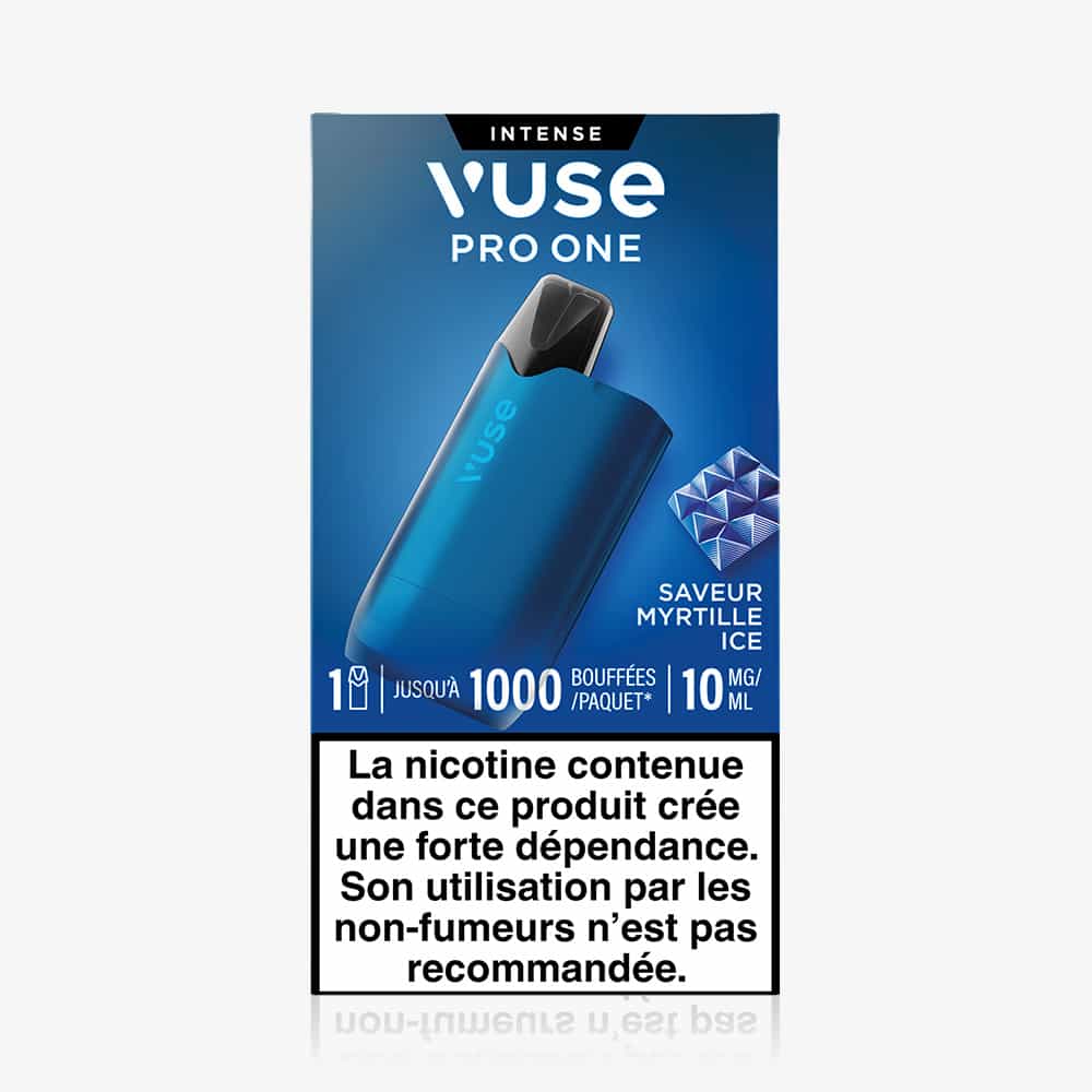 Vuse | Un coffret de cigarette électronique VUSE Pro ONE Box Myrtille Ice, de couleur bleue, portant la mention « Intense » et contenant une capsule, indique 1 000 bouffées, 10 mg/ml, et comporte en bas un avertissement français sur les risques liés à la nicotine. | Cigarettes Electroniques et Recharges