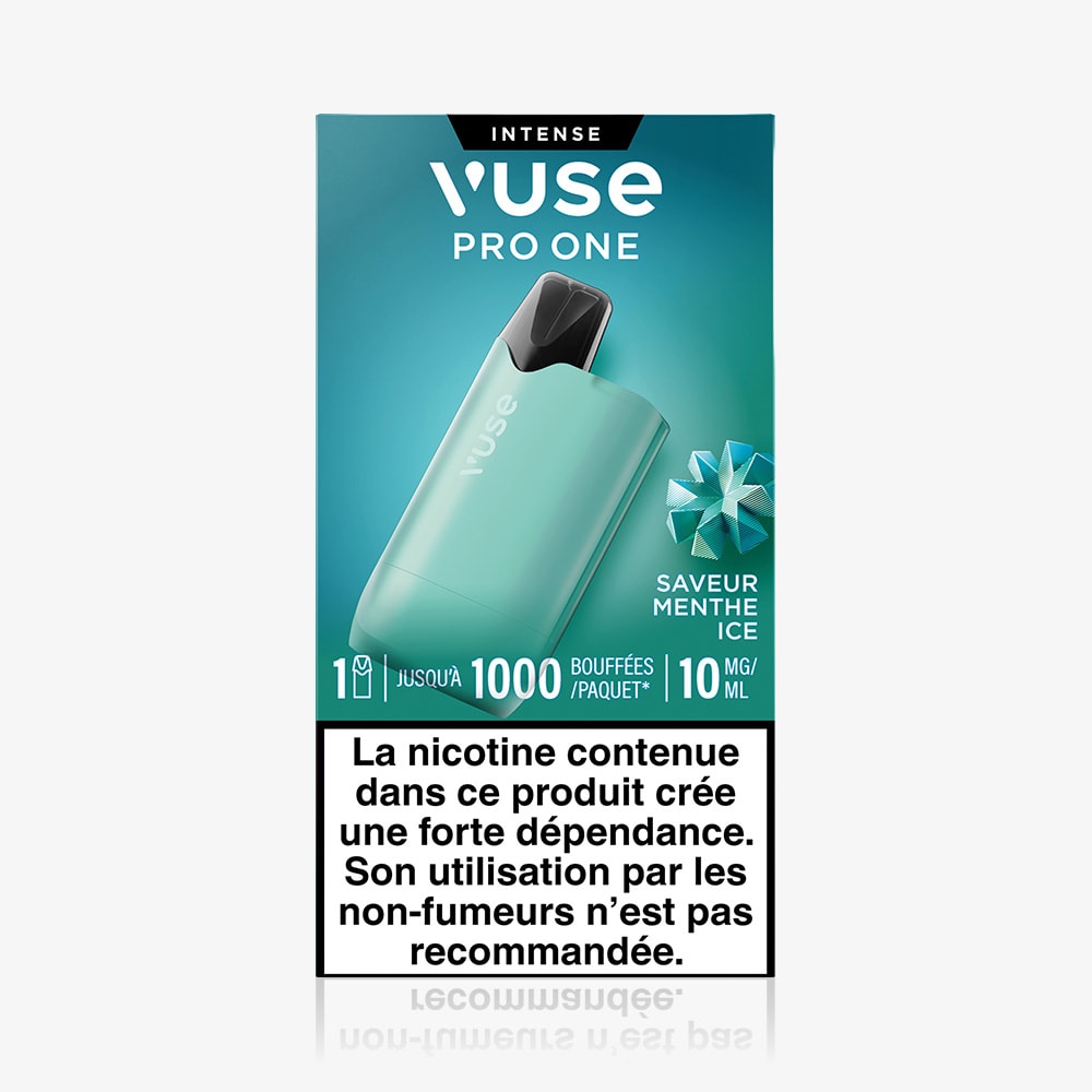 Vuse | Une cigarette électronique VUSE Pro ONE Box Menthe Ice de couleur vert menthe, portant la mention « Saveur Menthe Ice » et un avertissement en français concernant la dépendance à la nicotine. Kit prêt-à-vaper inclus. | Cigarettes Electroniques et Recharges