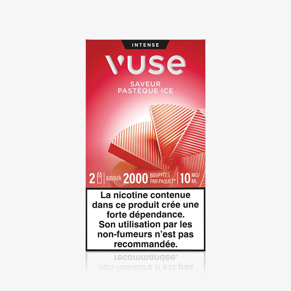 Vuse | Un pack de capsules VUSE Recharge Gamme Intense Saveur Pastèque Ice de couleur rouge comporte des illustrations de capsules rayées ainsi que des avertissements en français concernant la dépendance à la nicotine, déconseillant aux non-fumeurs de l'utiliser. | Cigarettes Electroniques et Recharges