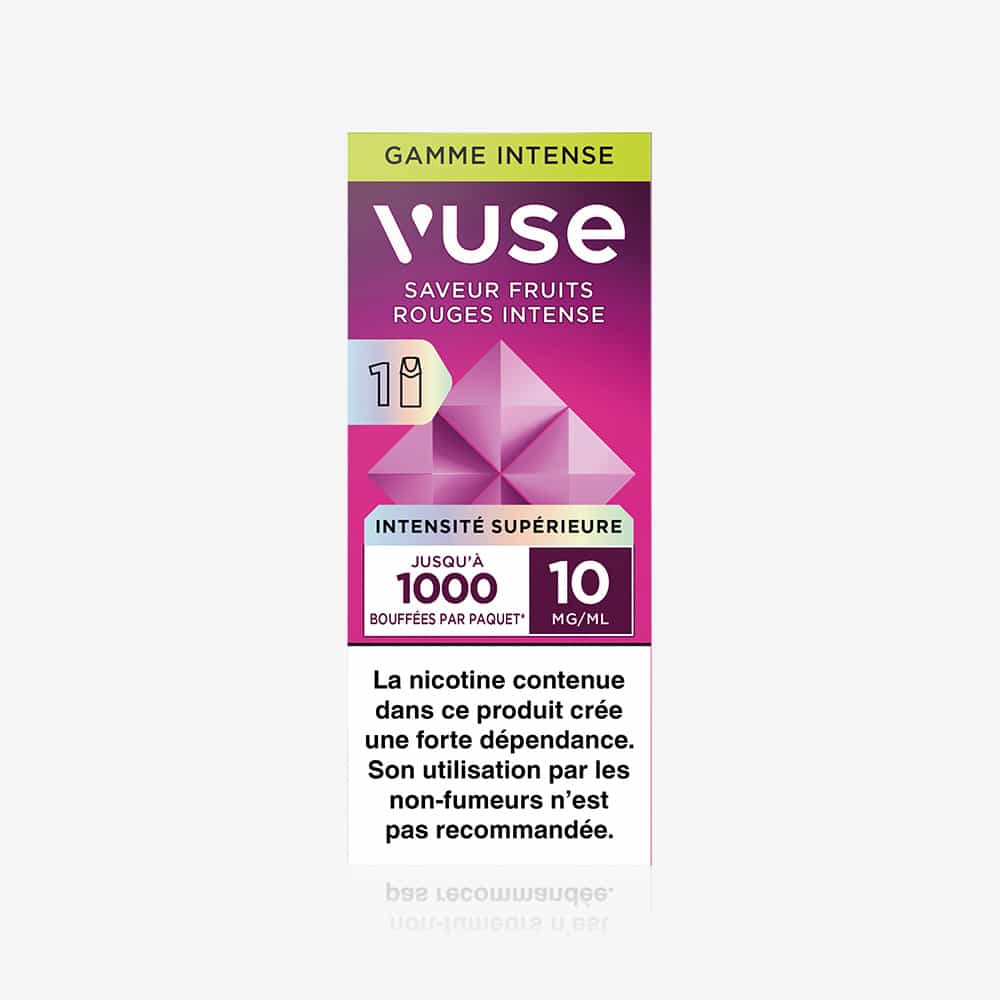 Vuse | Un paquet de cigarettes électroniques VUSE 1 Pod Saveur Fruits Rouges Intense, de couleur rose et violette, offre jusqu'à 1 000 bouffées par cartouche, contient 10 mg/mL de nicotine et comporte, en bas de l'emballage, un avertissement français sur les risques de dépendance à la nicotine. | Cigarettes Electroniques et Recharges
