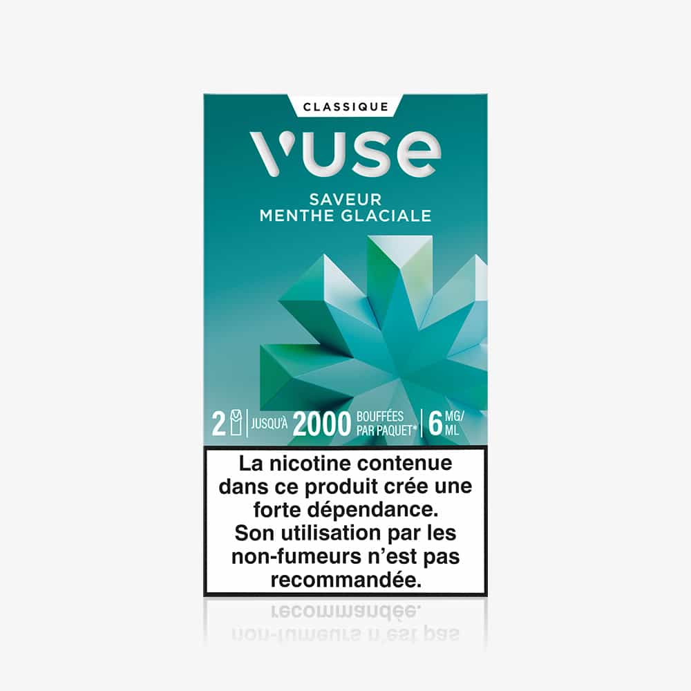 Vuse | Boîte de VUSE Recharge Gamme Classique, saveur Menthe Glaciale : emballage bleu sarcelle orné d'un motif géométrique représentant des feuilles de menthe, avec un avertissement français sur les risques liés à la dépendance à la nicotine en bas de l'emballage. | Cigarettes Electroniques et Recharges