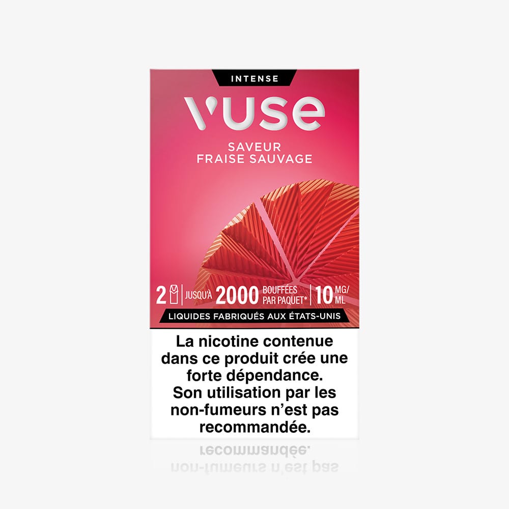 Vuse | Un paquet rouge et rose de VUSE Recharge Gamme Intense Saveur Fraise Sauvage portant la mention « un paquet, deux capsules saveur fraise », accompagné d'un avertissement français sur la dépendance à la nicotine déconseillant son utilisation aux non-fumeurs. | Cigarettes Electroniques et Recharges