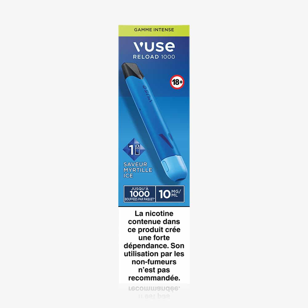 Vuse | Coffret VUSE Reload 1000 Bar Saveur Myrtille Ice comprenant un stylo vape avec une concentration en nicotine de 10 mg/mL, un avertissement sanitaire français sur la dépendance, le symbole rouge « 18+ » et un dispositif rechargeable à bouffées. | Cigarettes Electroniques et Recharges