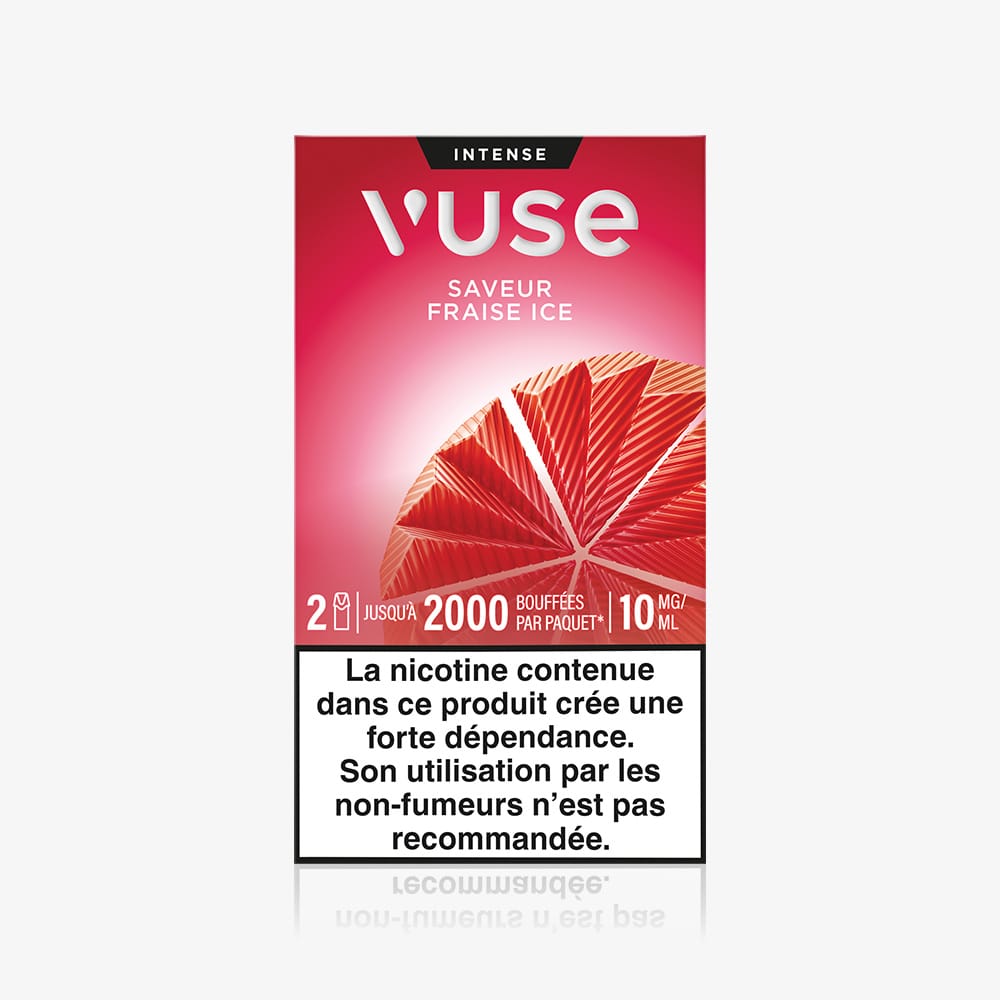 Vuse | Une boîte de capsules pour cigarette électronique VUSE Recharge Gamme Intense Saveur Fraise Ice est présentée dans un emballage rouge orné d'une illustration représentant une fraise coupée en tranches, avec un avertissement français sur la nicotine en bas de l'emballage. | Cigarettes Electroniques et Recharges