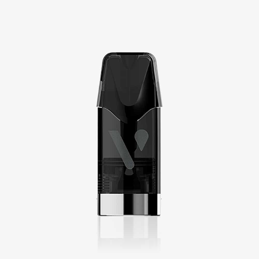 Vuse | Gros plan sur une cartouche VUSE 1 Pod Saveur Menthe Ice, composée d'une cartouche en plastique noir et transparent dotée d'une base argentée brillante, posée à la verticale sur un fond blanc uni. | Cigarettes Electroniques et Recharges